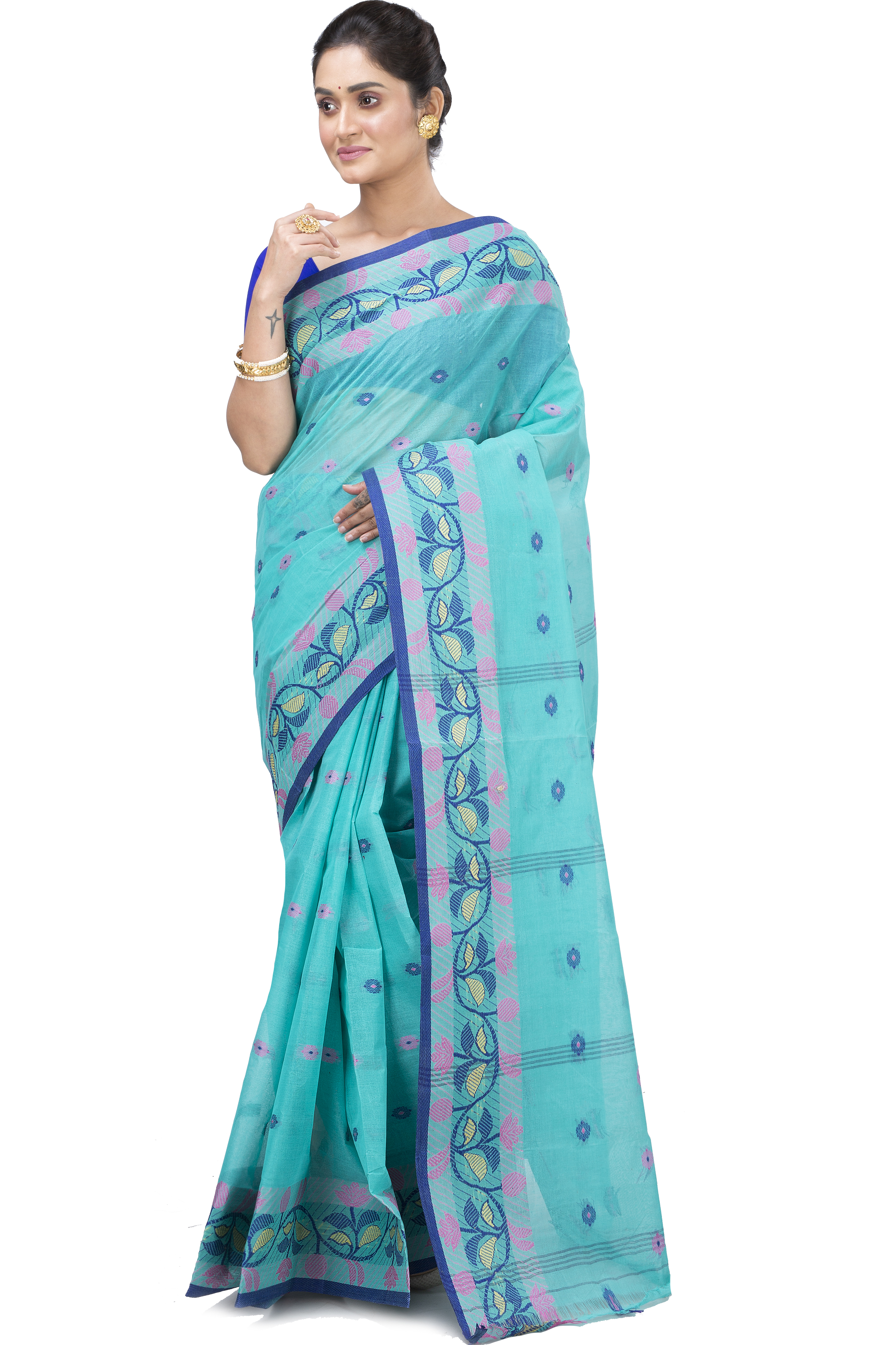 See Green Pure Cotton Govindi Tant Saree (936)